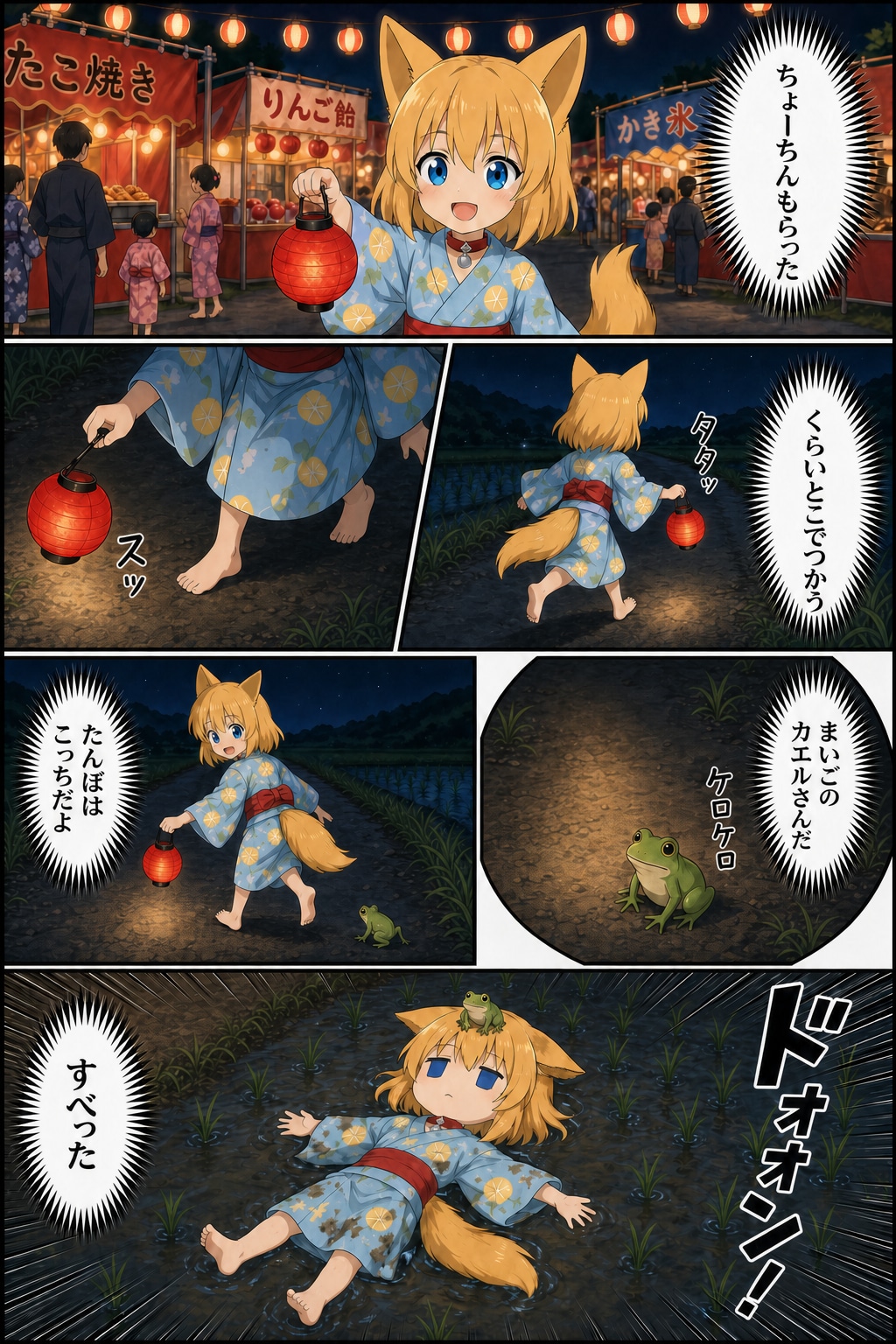提灯の明かりでは力不足で道を踏み外すキツネ