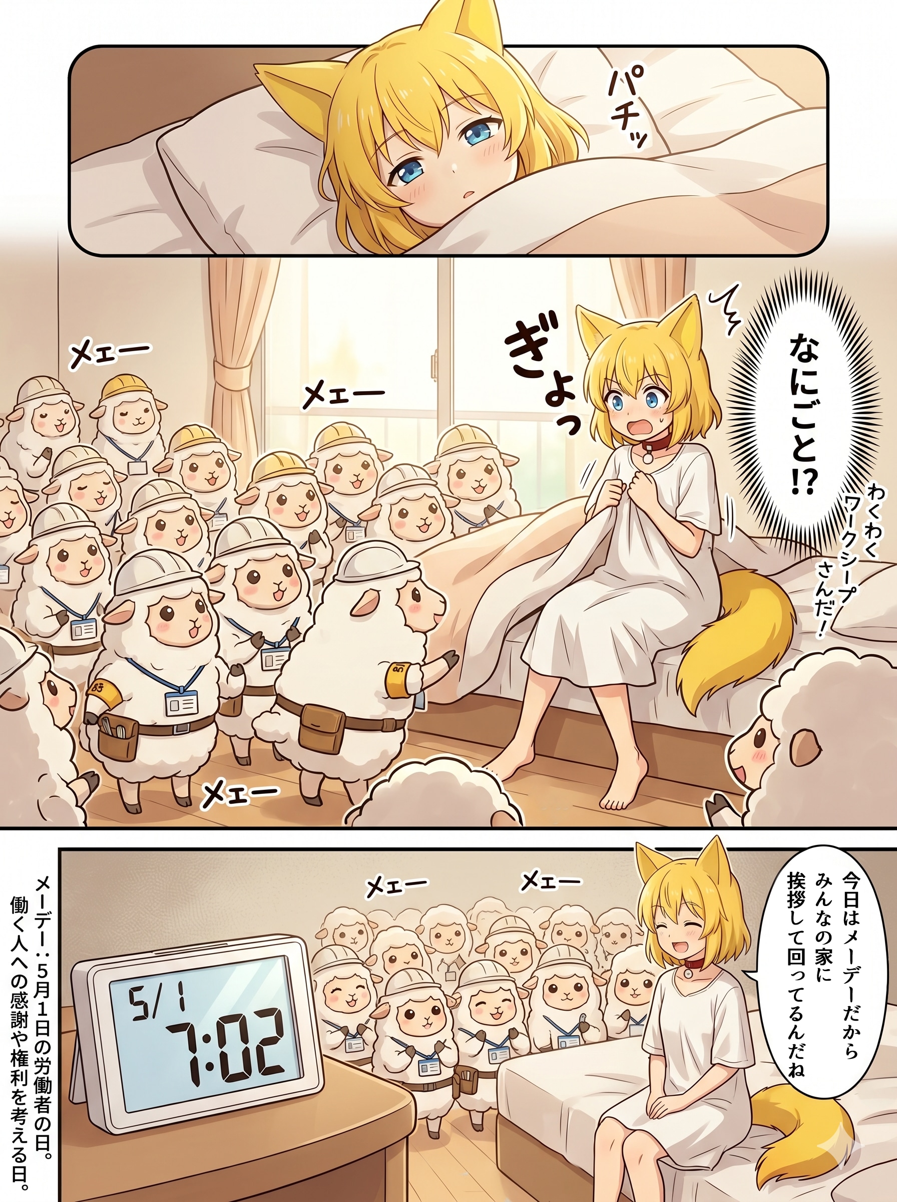 朝目を覚ましたら労働羊さんたちに囲まれていたキツネ