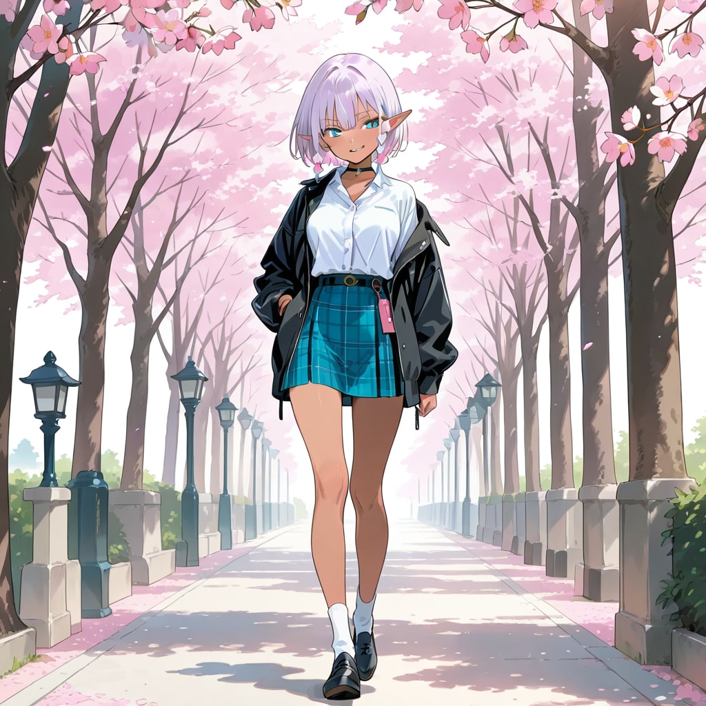 桜並木通りを歩くダークエルフちゃん