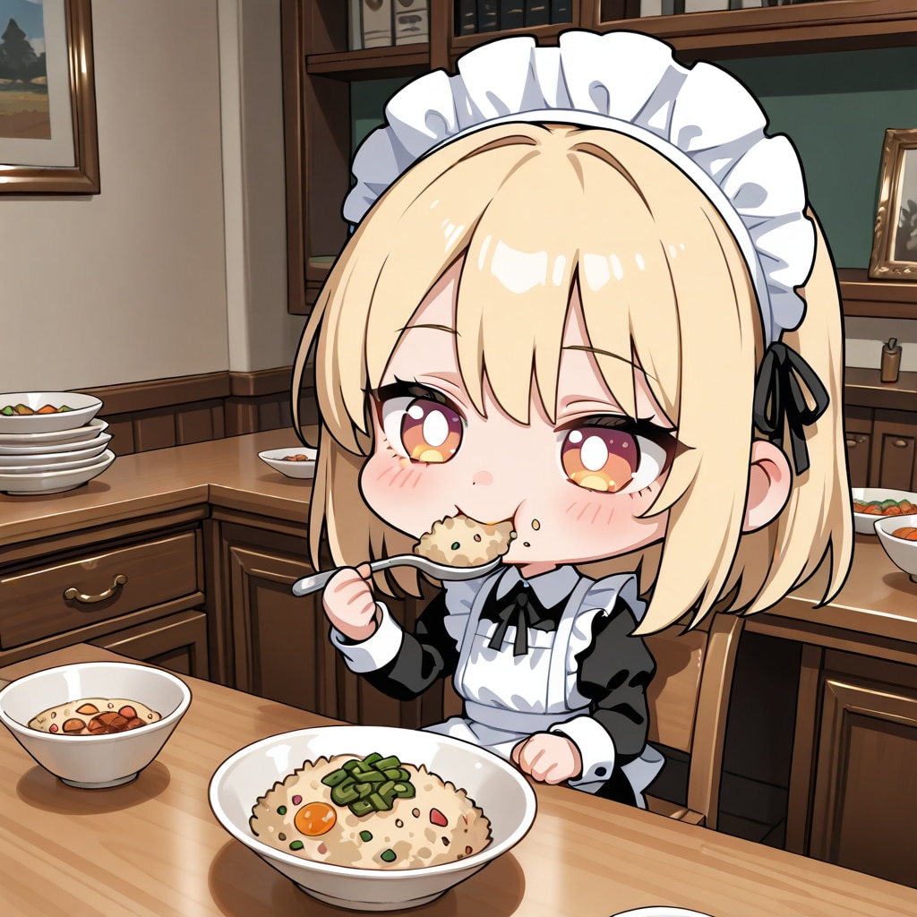 MOKAのチャーハンを食べるメイドさん