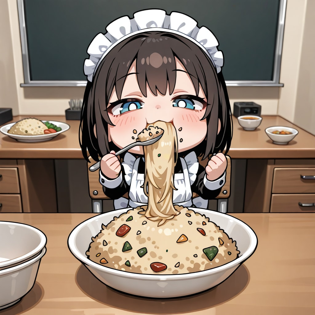 MOKAのチャーハンを食べるメイドさん