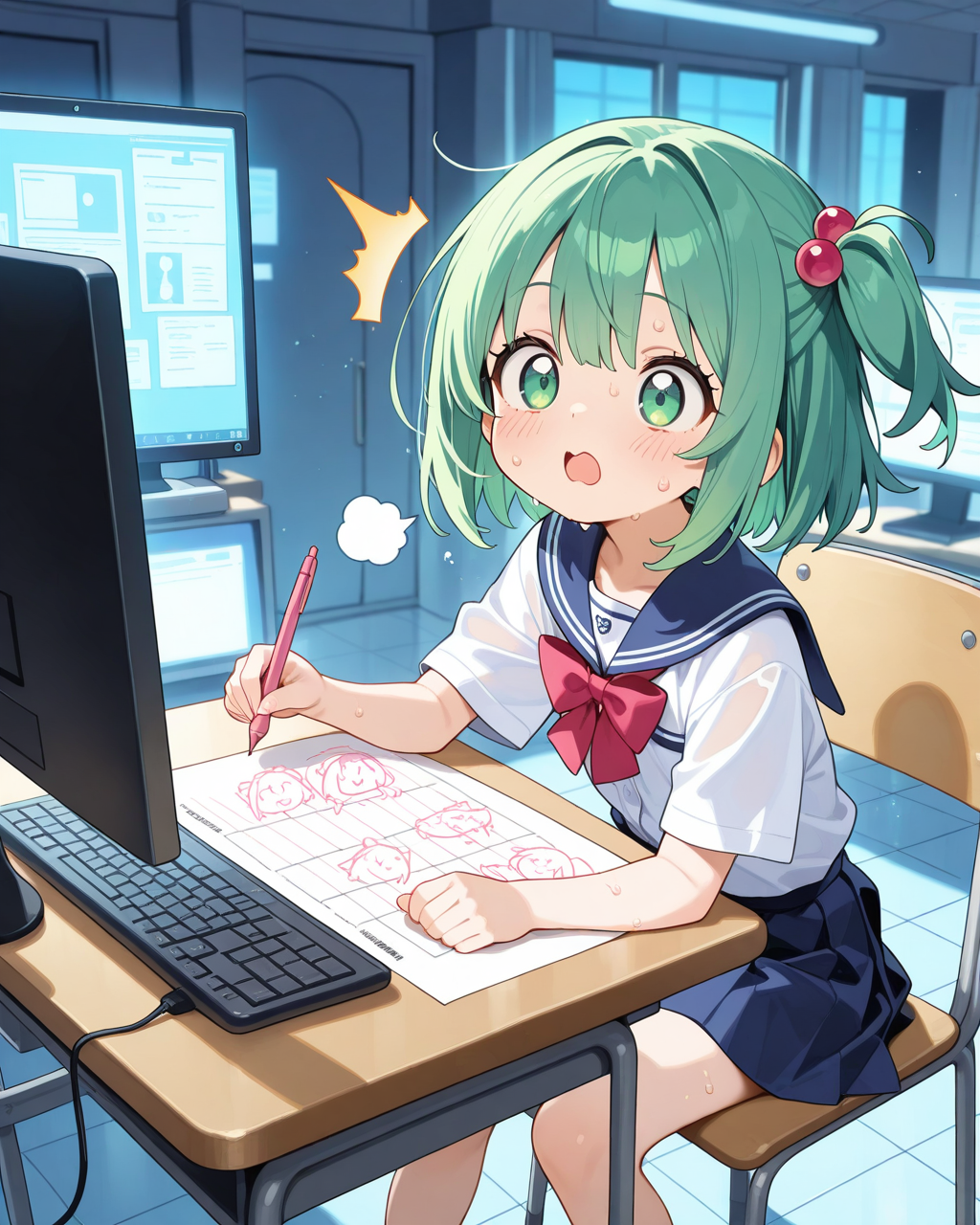 GPU学園内で低解像度な画像を高解像度な画像に一生懸命描き直しているDLSSちゃん。