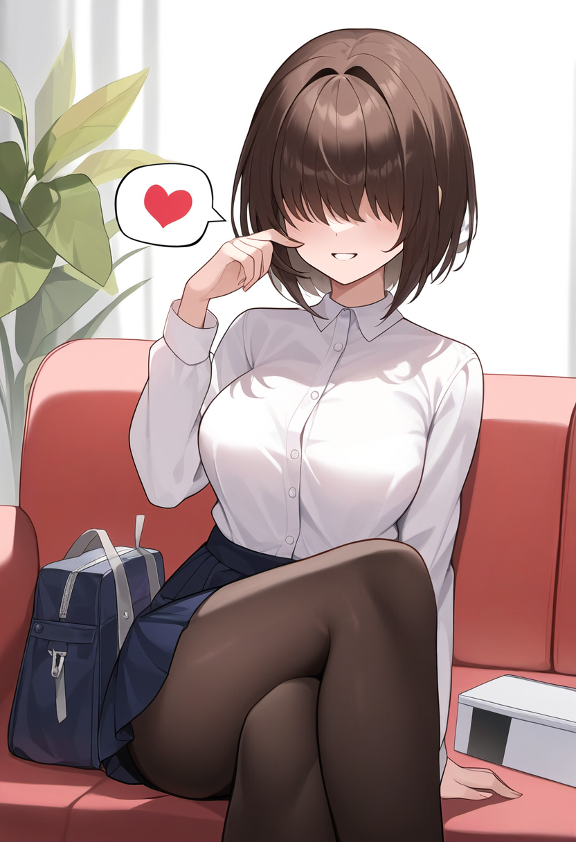 くつろぎながらこっちを見てくるメカクレっ娘