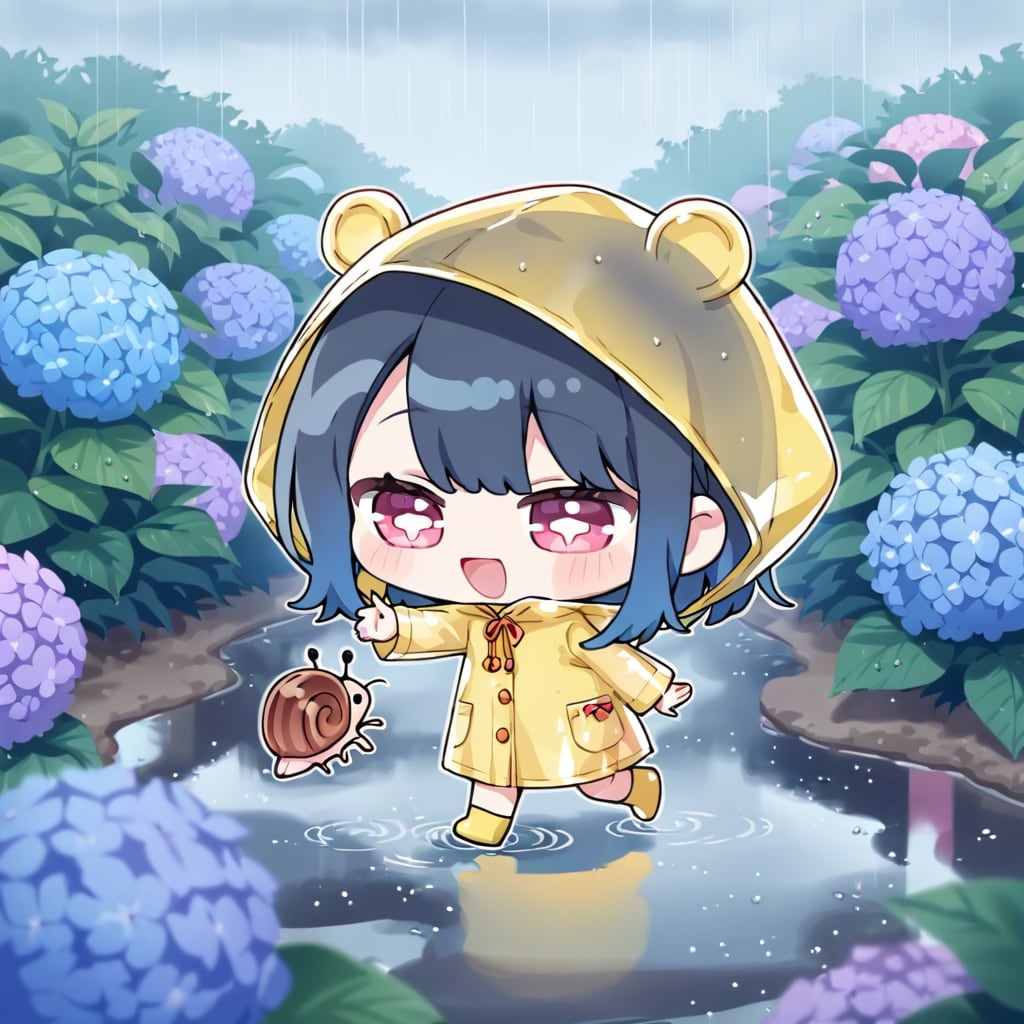 雨合羽と紫陽花