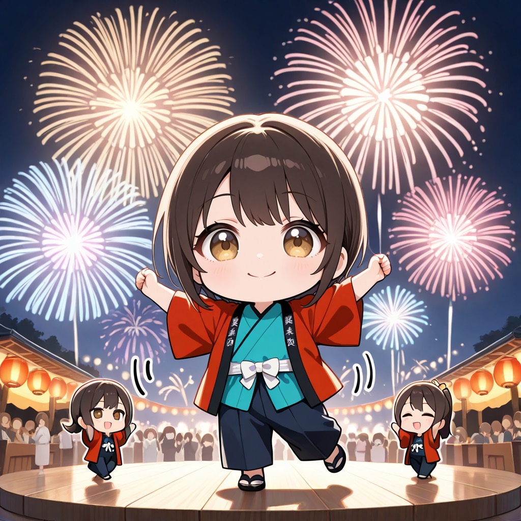 夏祭の花火と法被で踊るお嬢さん達