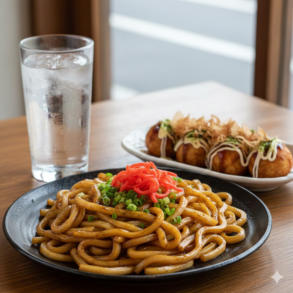 【昼食】ソース焼きうどん、たこ焼き、水