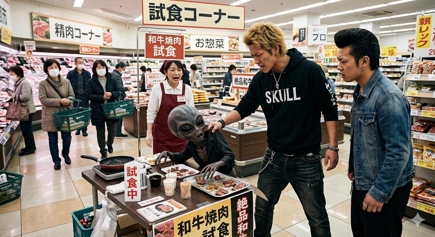 試食しようとして不良に絡まれる宇宙人