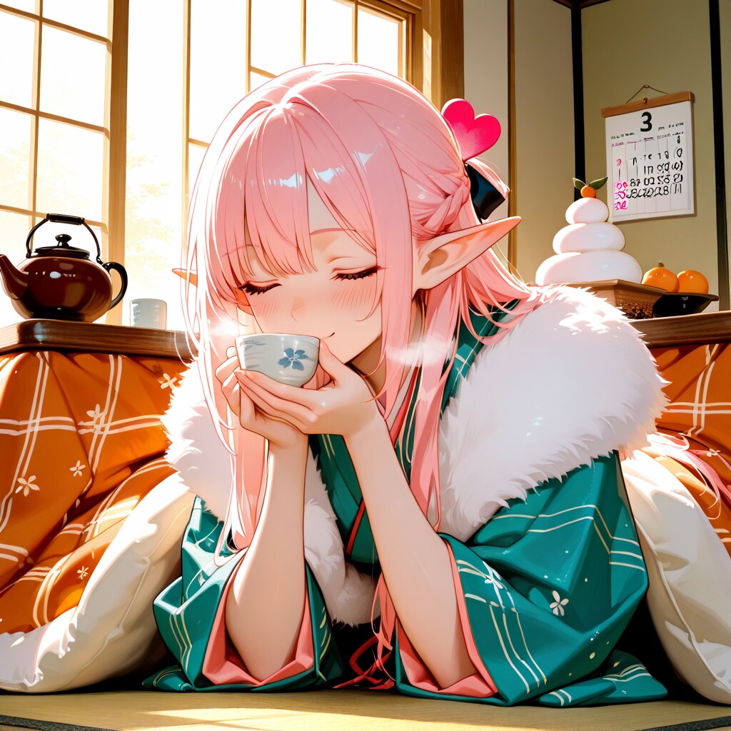 甘酒をのむエルフの女の子