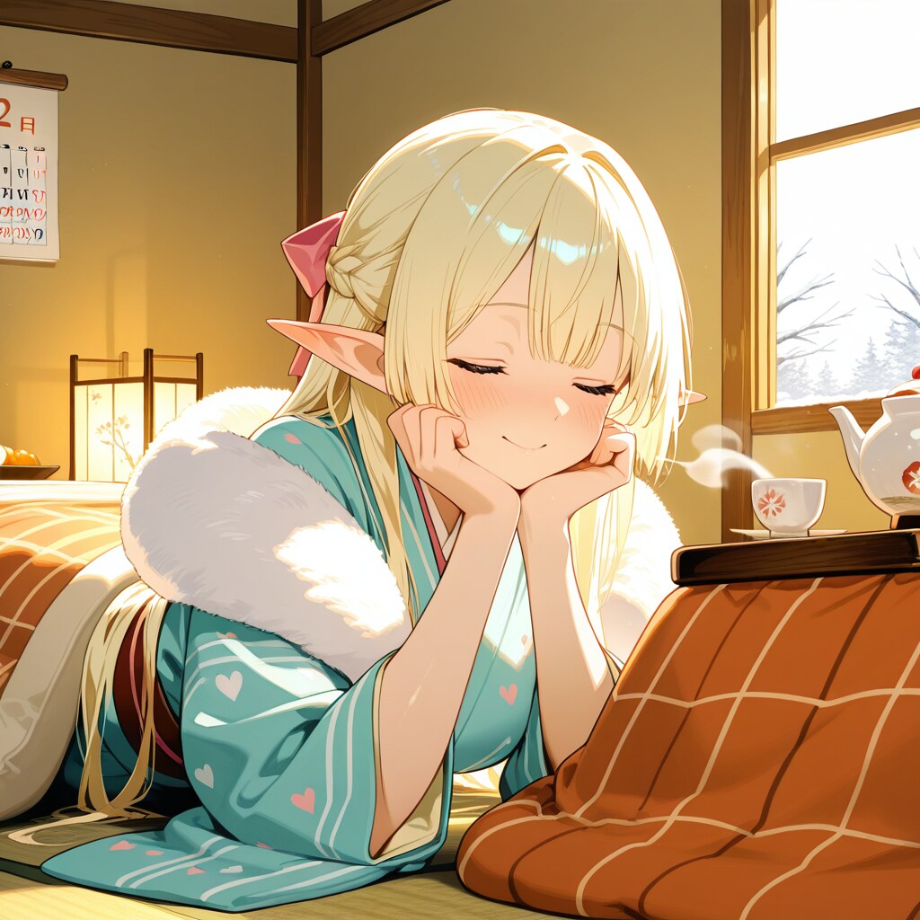 甘酒をのむエルフの女の子