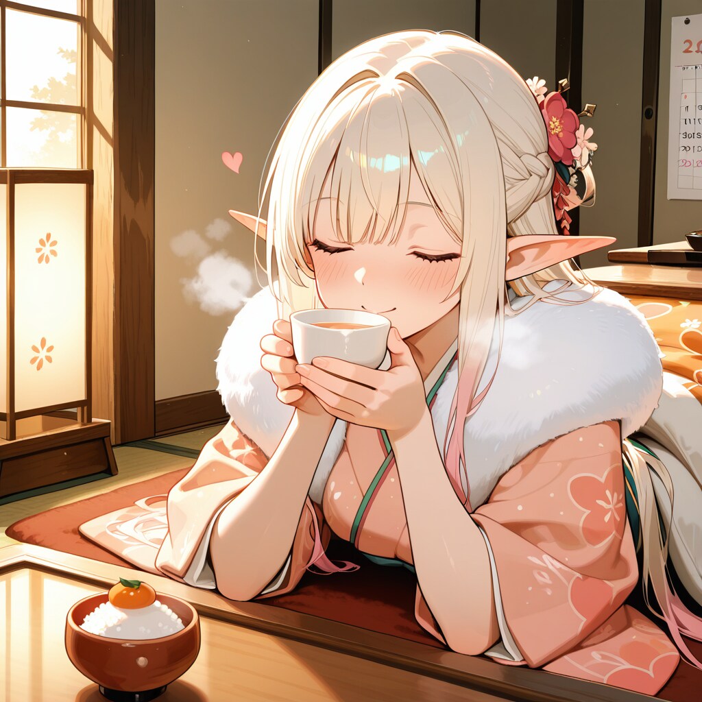 甘酒をのむエルフの女の子