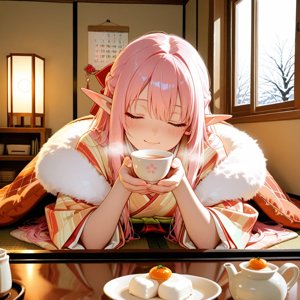 甘酒をのむエルフの女の子