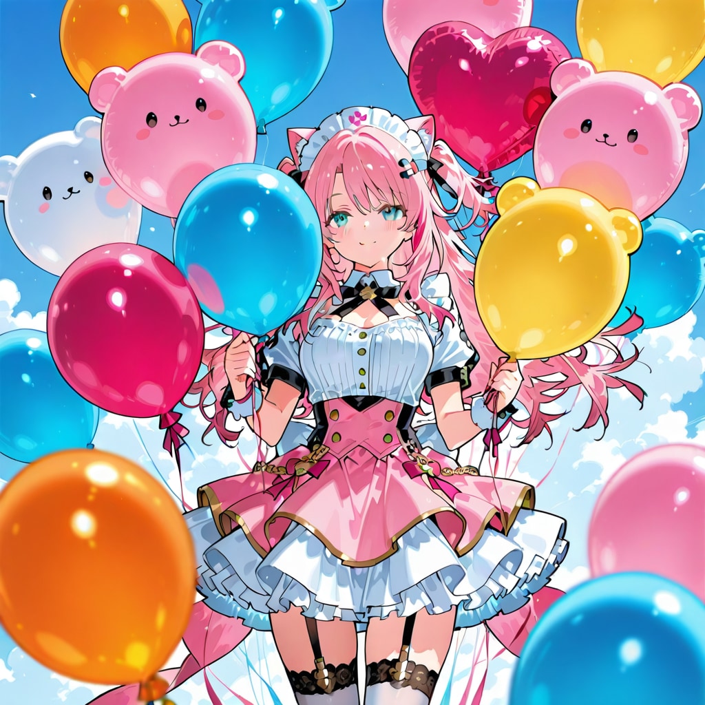 いっぱい色とりどりの風船を持つメイド服の美女 | の人気AIイラスト・グラビア
