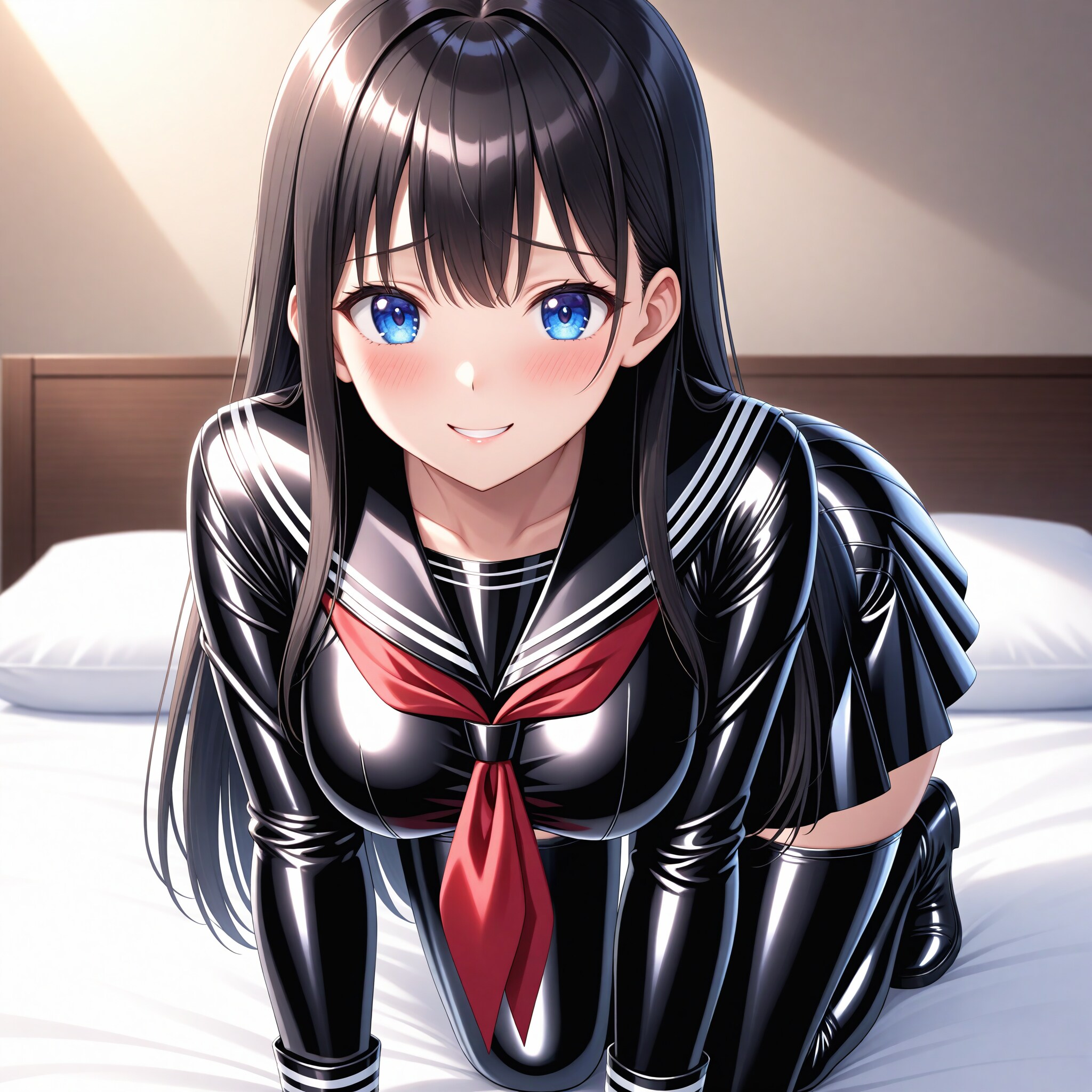 【動画あり】黒エナメルセーラー服サイハイソックス四つん這い