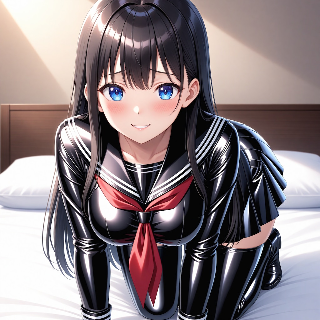 【動画あり】黒エナメルセーラー服サイハイソックス四つん這い