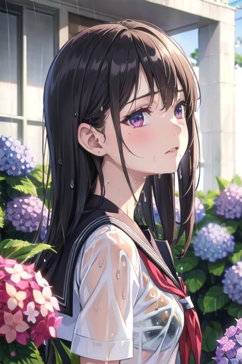 雨と紫陽花と美少女