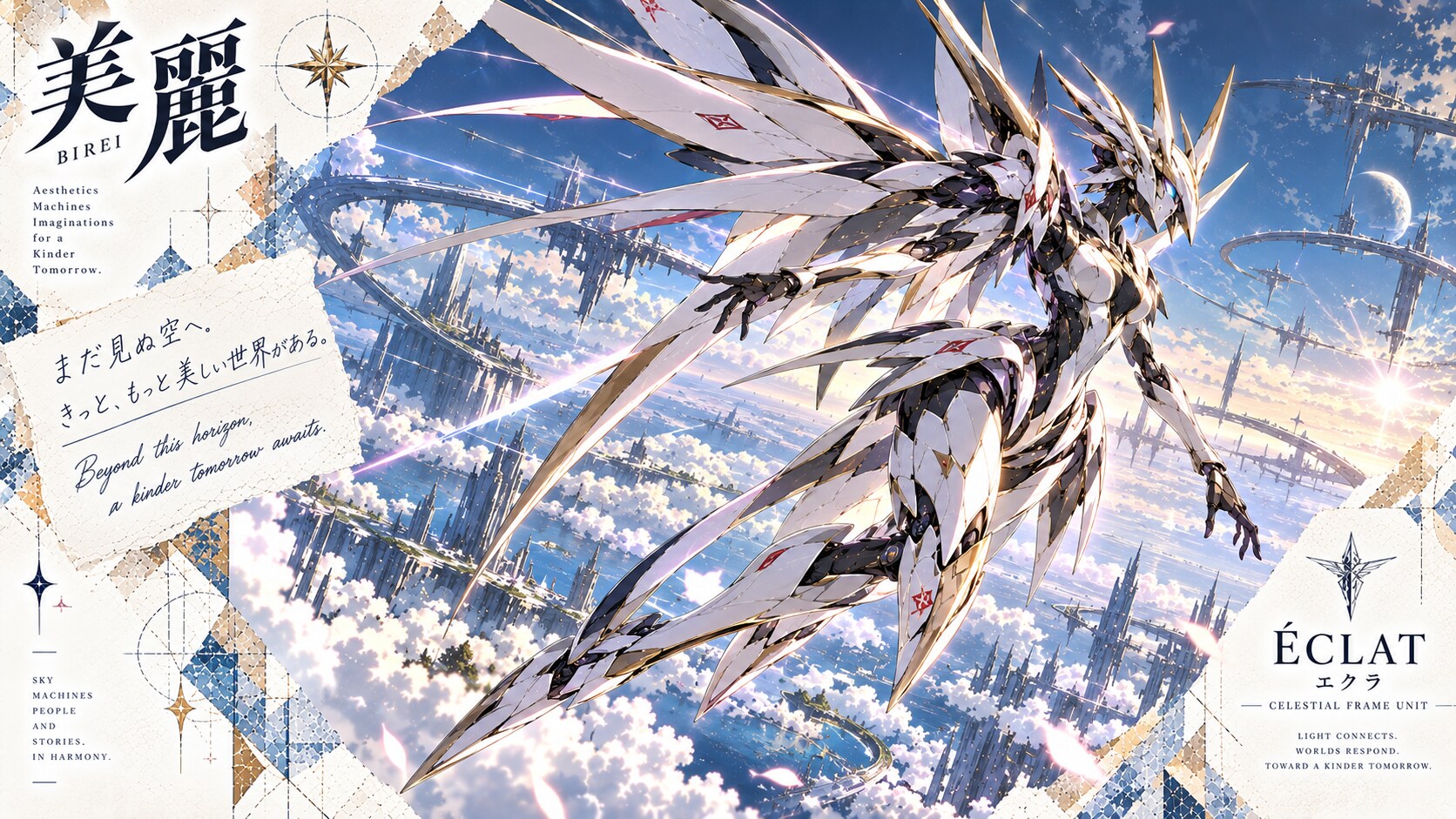 ÉCLAT — Celestial Frame Unit  Beyond this horizon, a kinder tomorrow awaits.  Across a sky of floati | の人気AIイラスト・グラビア
