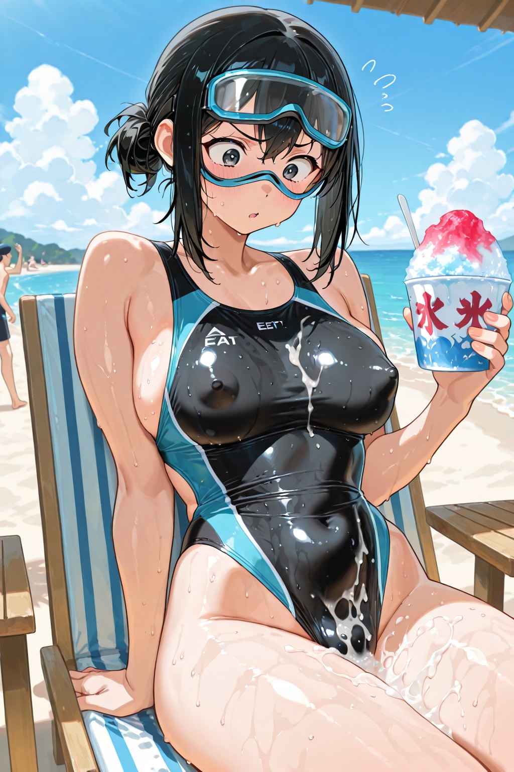 海の家で白い液體で汚す競泳水着の少女