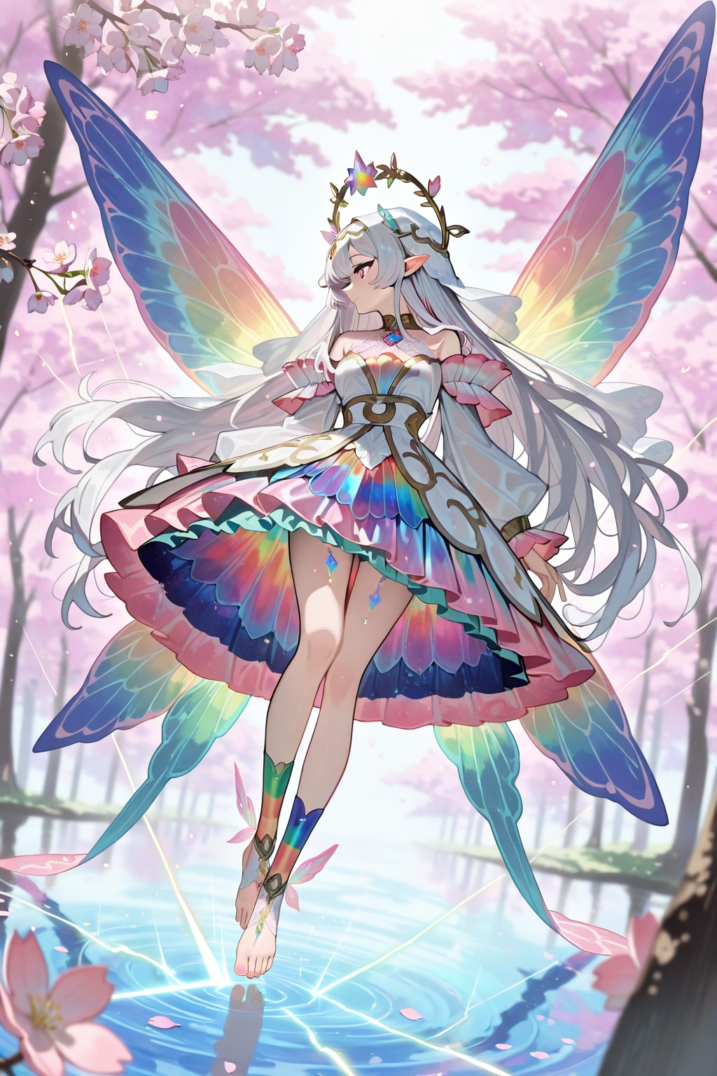 満開の桜並木の中央の泉の水面の上より何か気掛かりで、飛び立てない桜の花より生まれし蝶の精霊 | の人気AIイラスト・グラビア