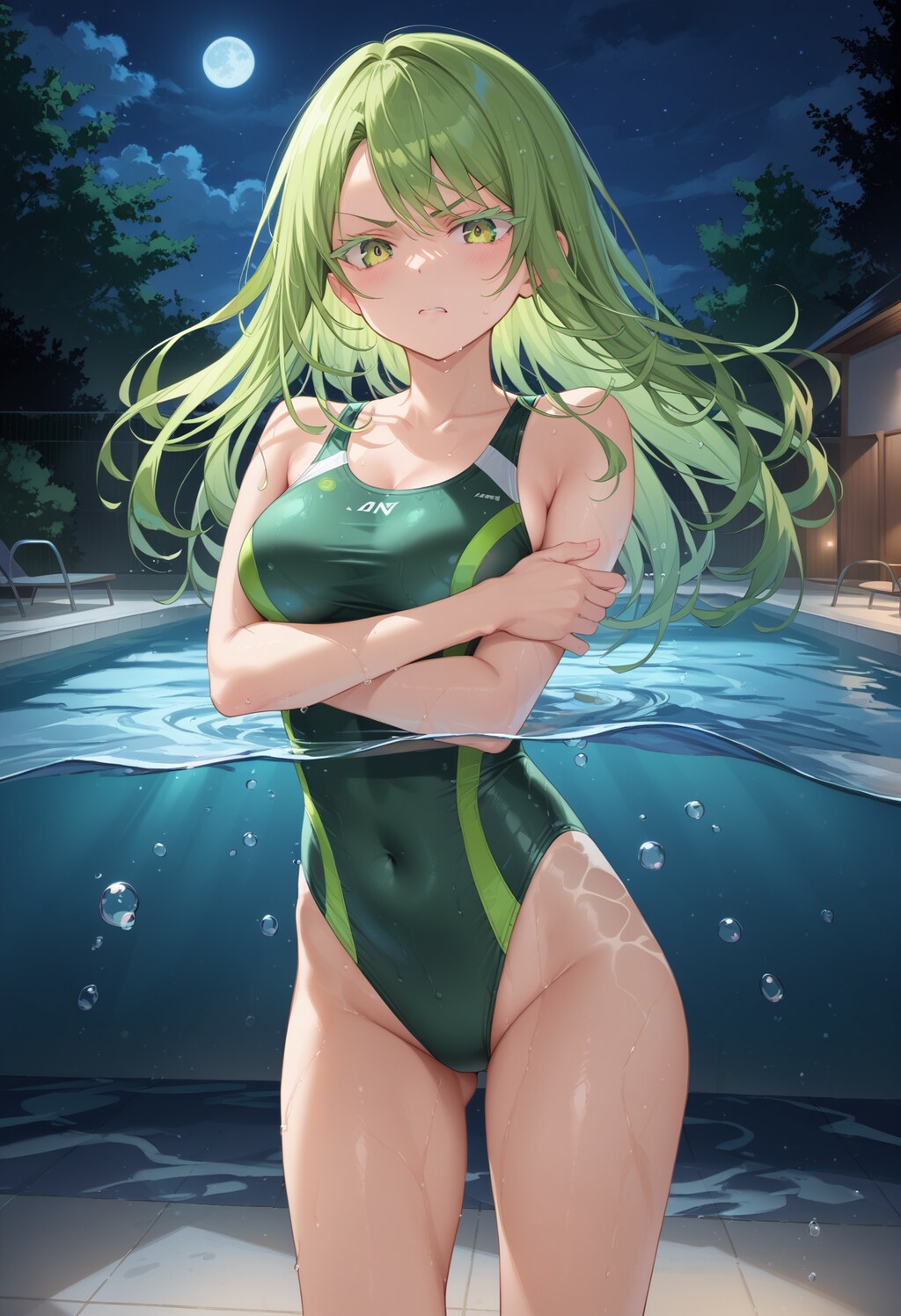 今日の健全プロンプト：partially underwater shot（キャラが腰まで水に浸かる）