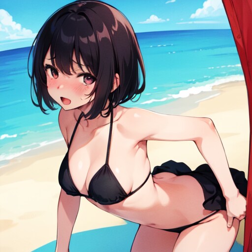 ビキニを着た短い黒髪のかわいい女の子