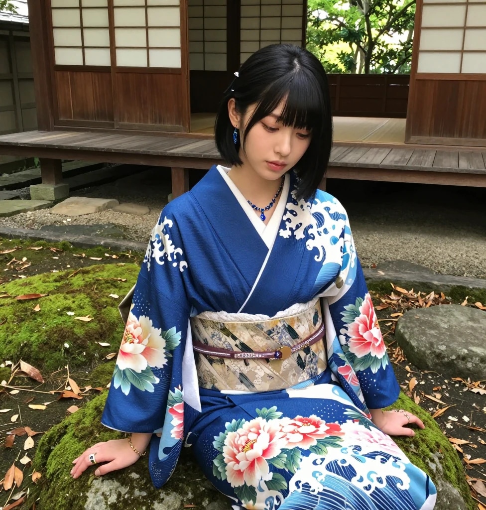 AIポートレート　苔むした岩に腰かける着物女子🍃２