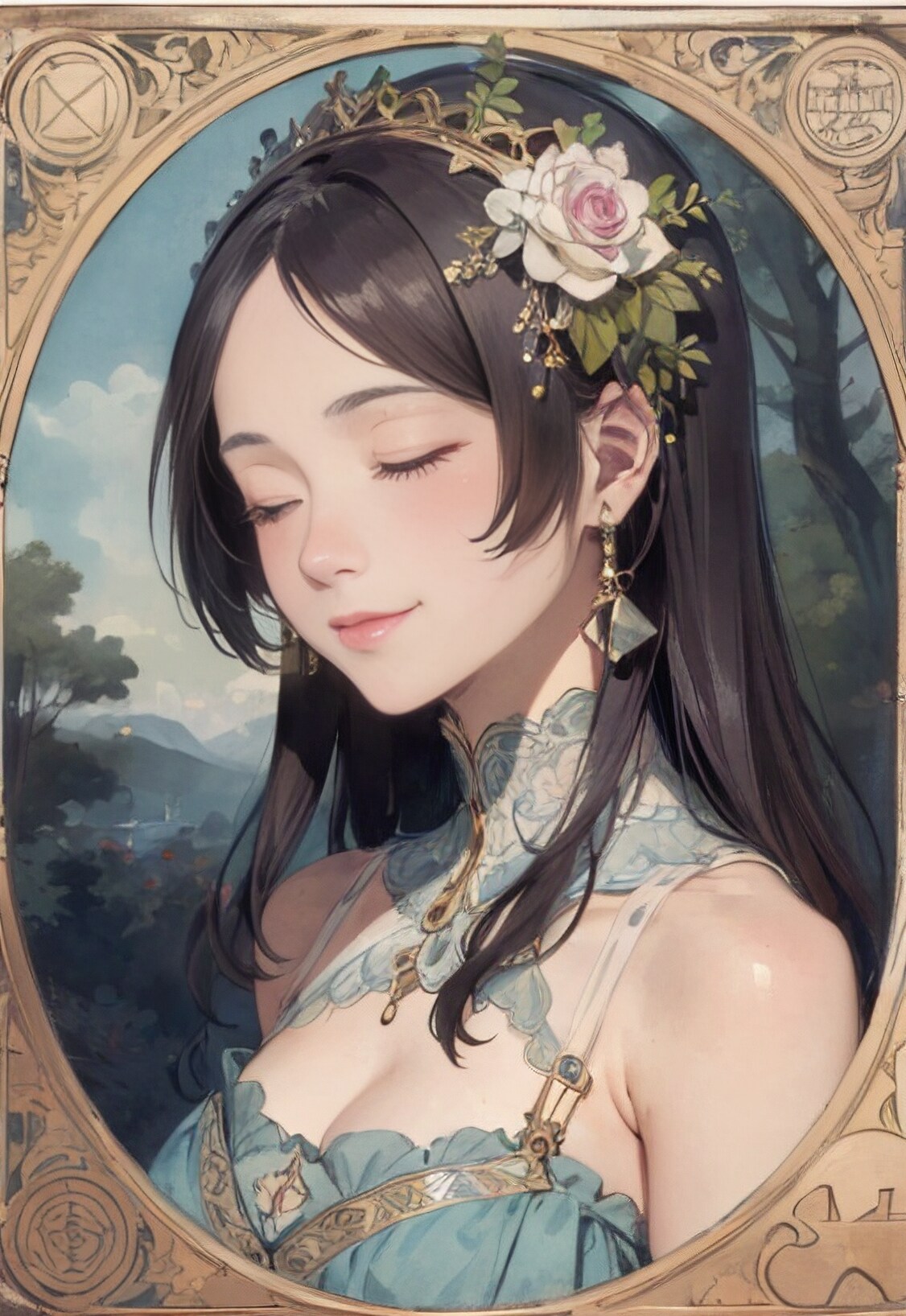 目を閉じて微笑む美女