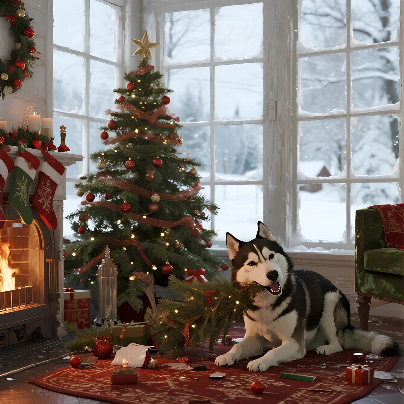 クリスマスの象徴を破壊するハスキー | の人気AIイラスト・グラビア