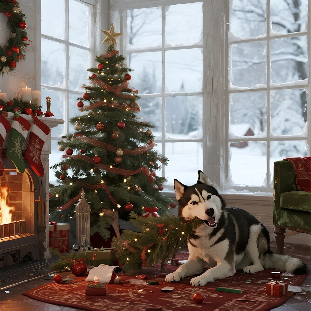 クリスマスの象徴を破壊するハスキー