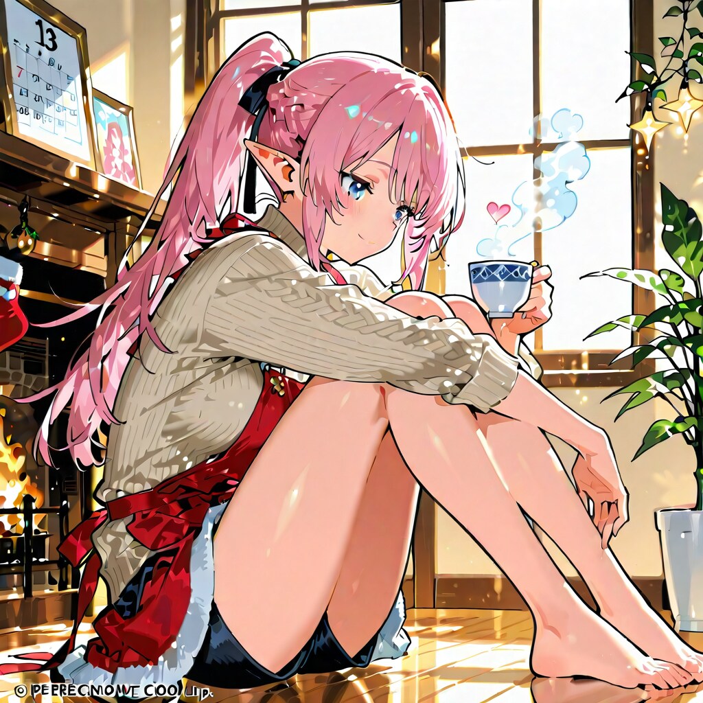 クリスマス後の大掃除が終わりホッと一息いれているエルフの女の子