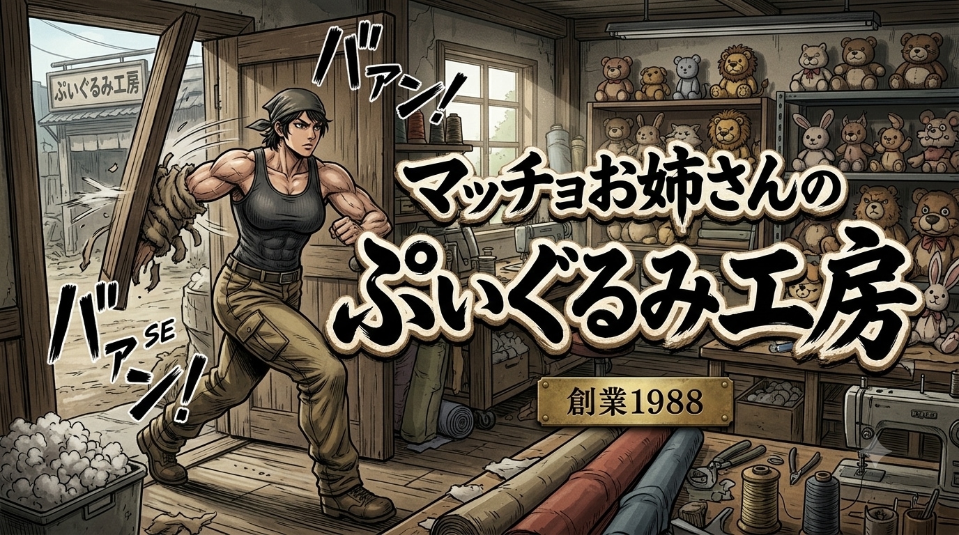 マッチョお姉さんのぷいぐるみ工房（劇画風）