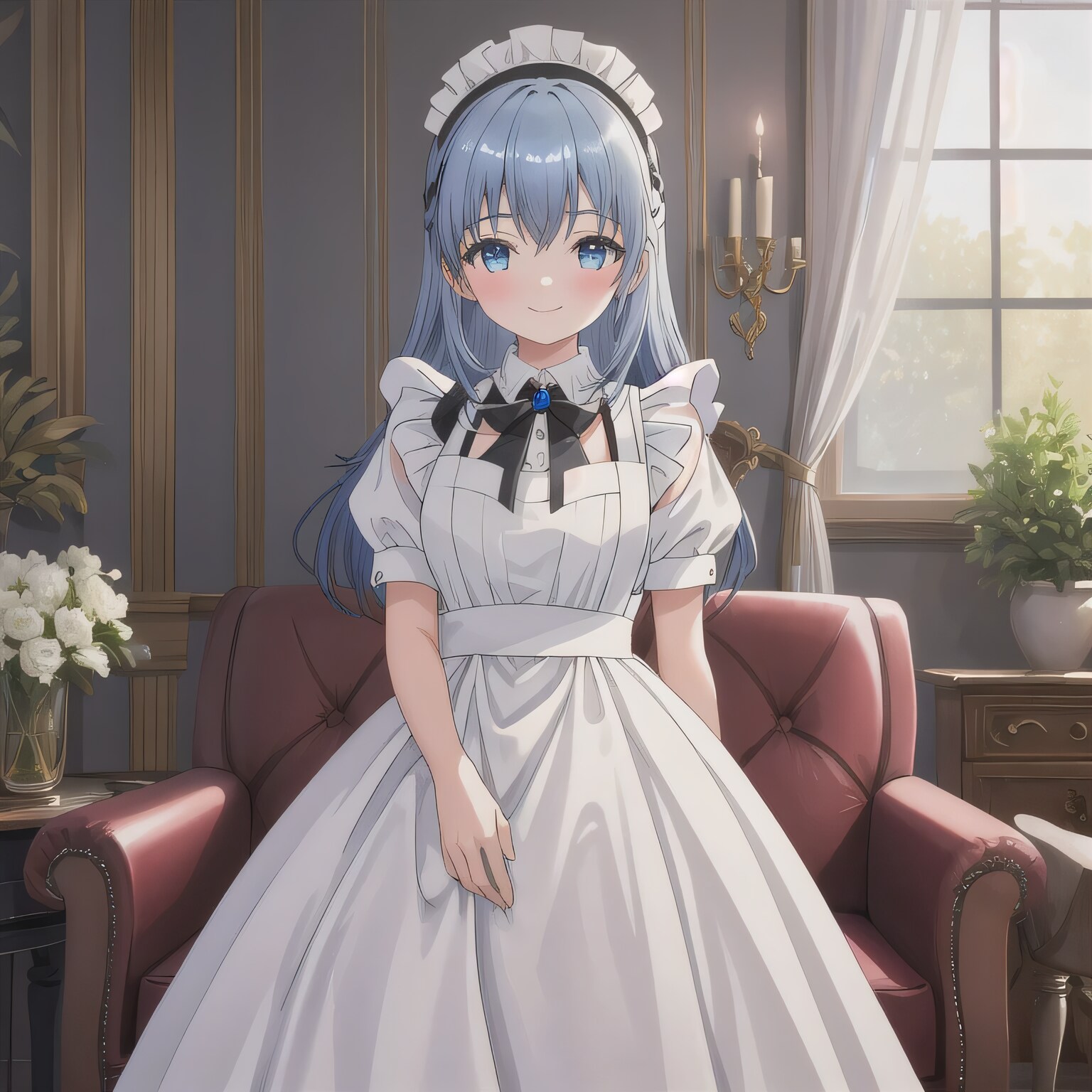 青髪ロングでメイド服の少女２ | の人気AIイラスト・グラビア