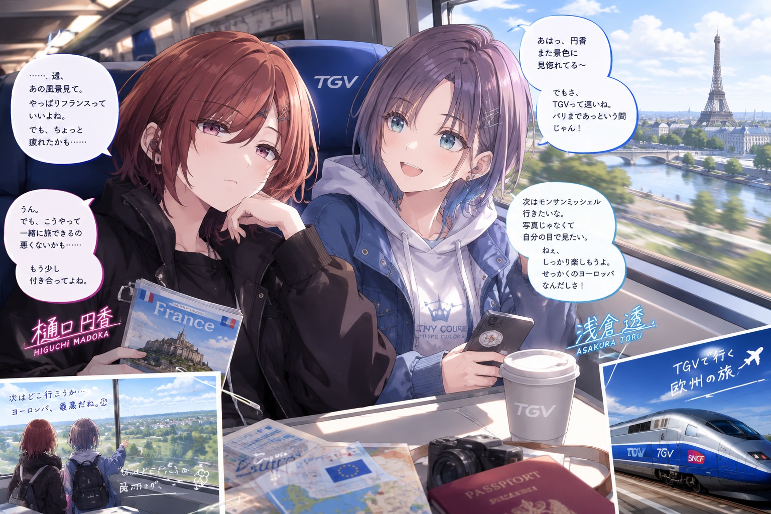 フランスの高速鉄道（TGV）に乗っている樋口円香と浅倉透 | の人気AIイラスト・グラビア