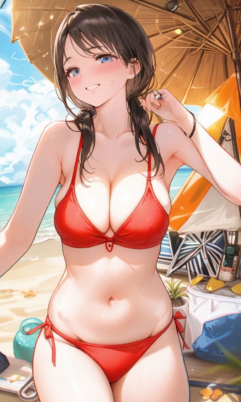 海のアカリさんは赤ビキニ