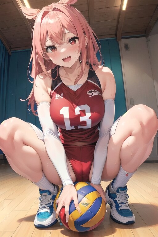 ボールに跨がるバレー女子