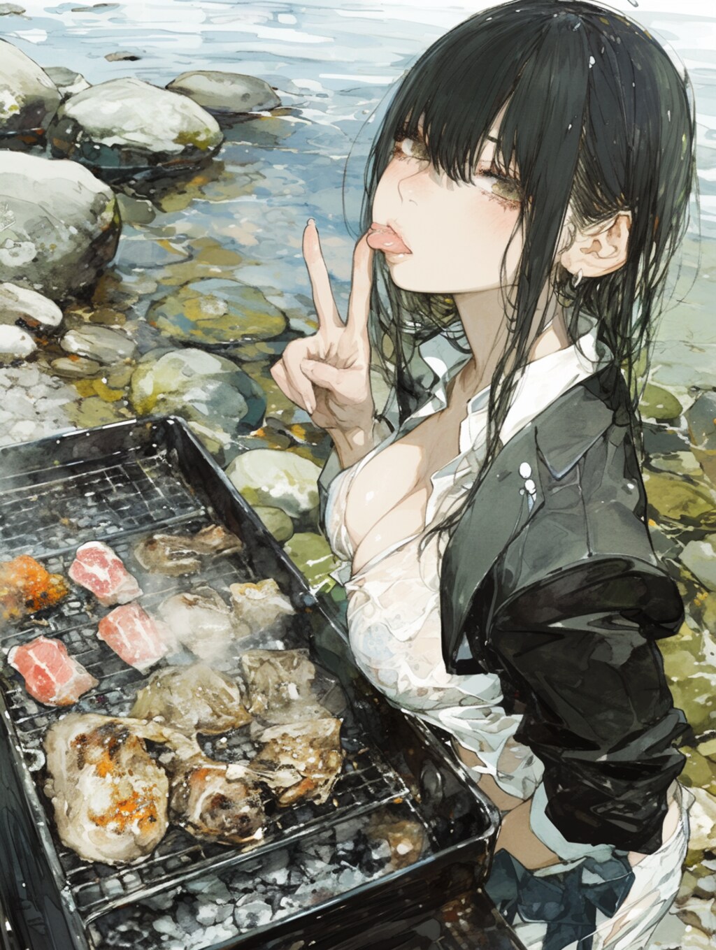 川辺でバーベキューしかし急な雨