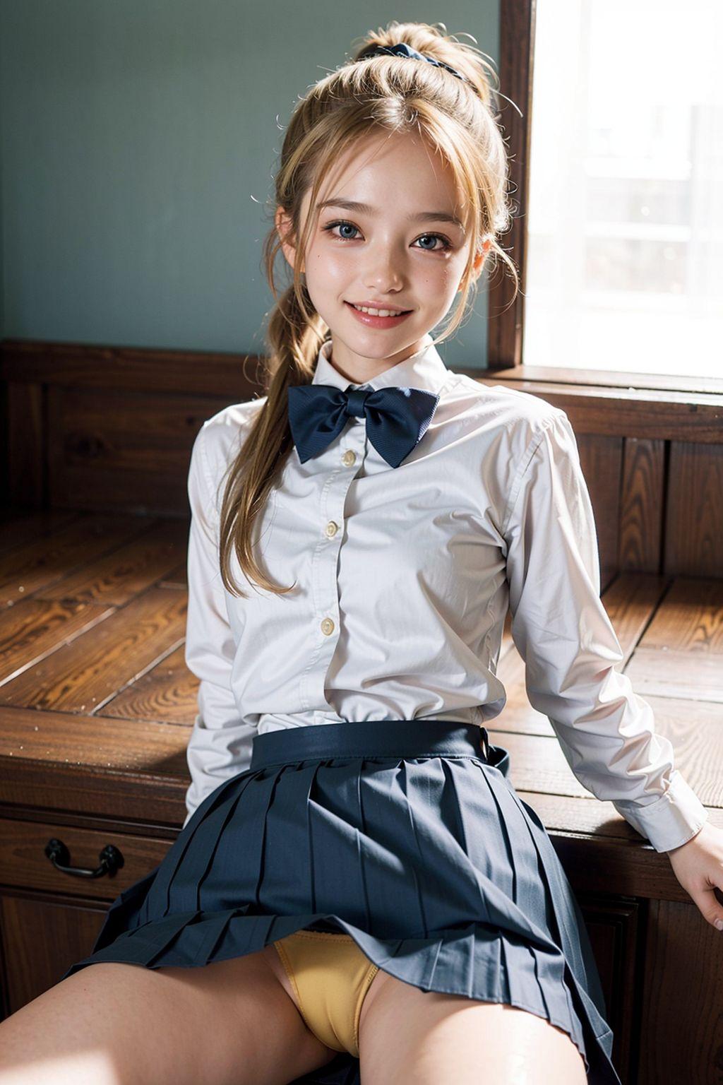 AIイラスト白ギャル貧乳ロリ顔　エロ画像　18歳女子校生海外コスプレイヤー　今日は黄色のパンツです！