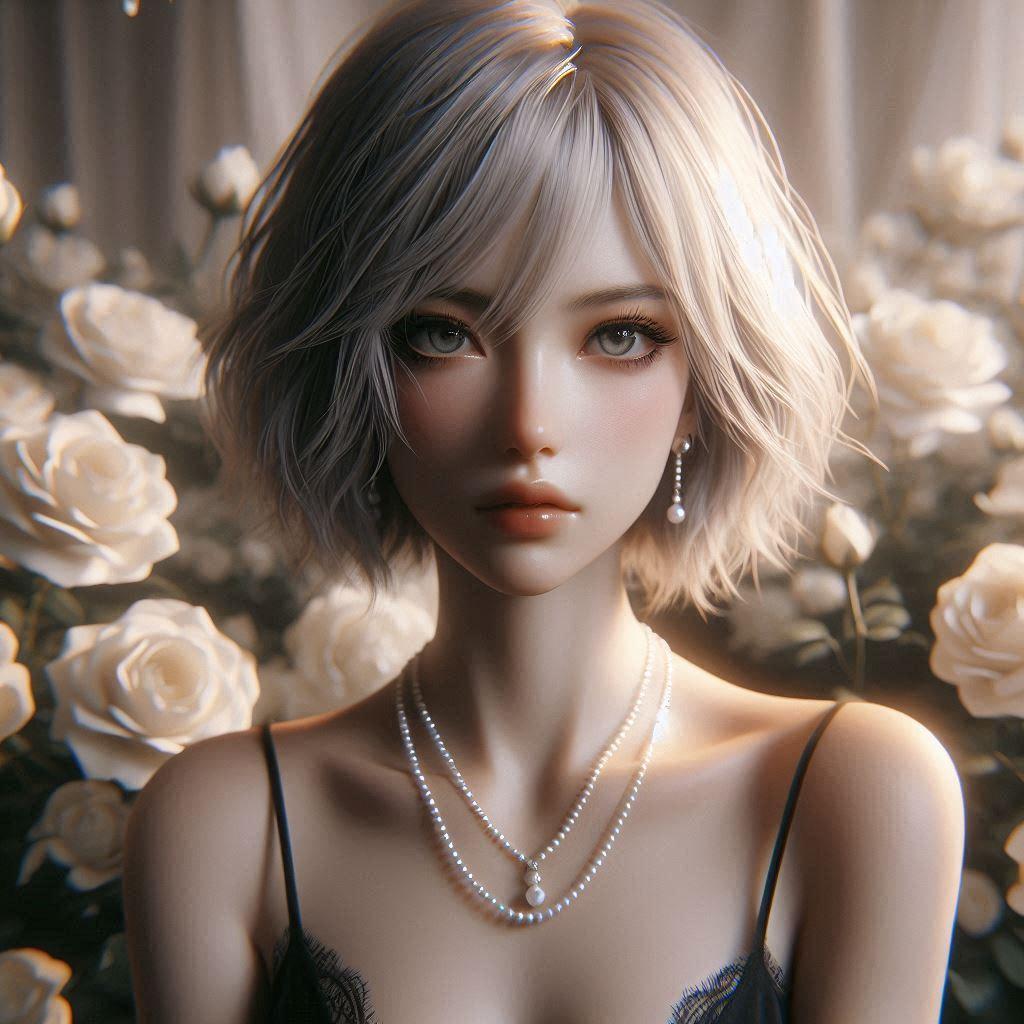真珠のネックレスの女性