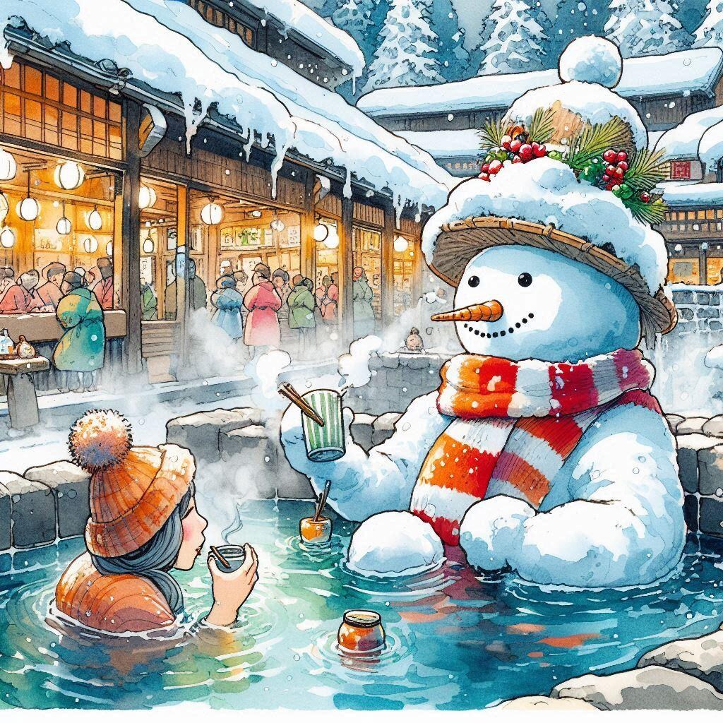 温泉で癒やされるスノーマン