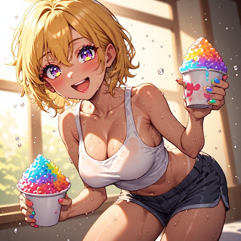 金髪ギャル　かき氷食べよー！