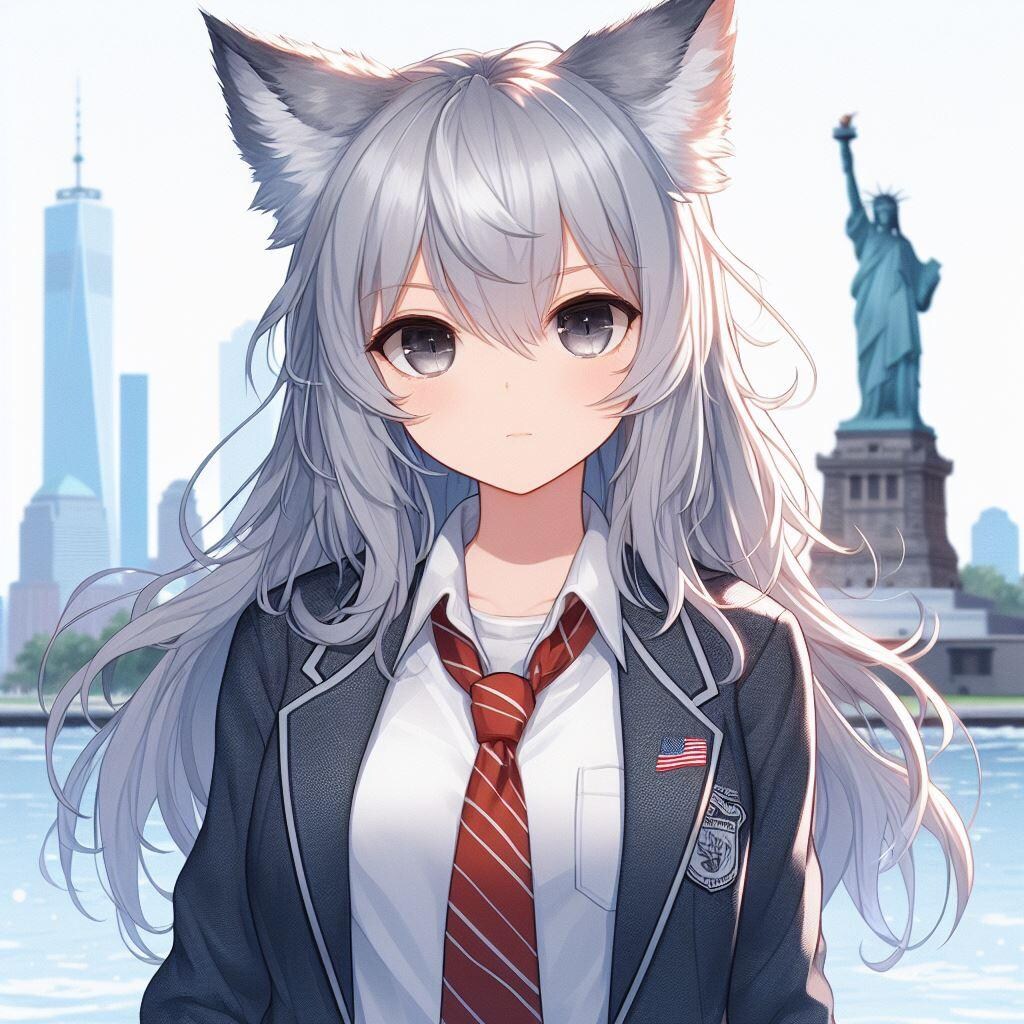 ハイチーズする銀髪狼耳娘