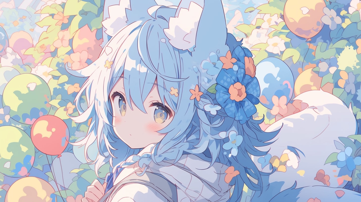 風船の森で舞う青い妖狐 | の人気AIイラスト・グラビア