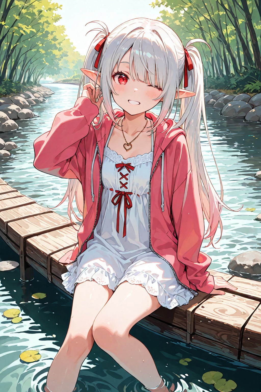 川遊びするシロネさん