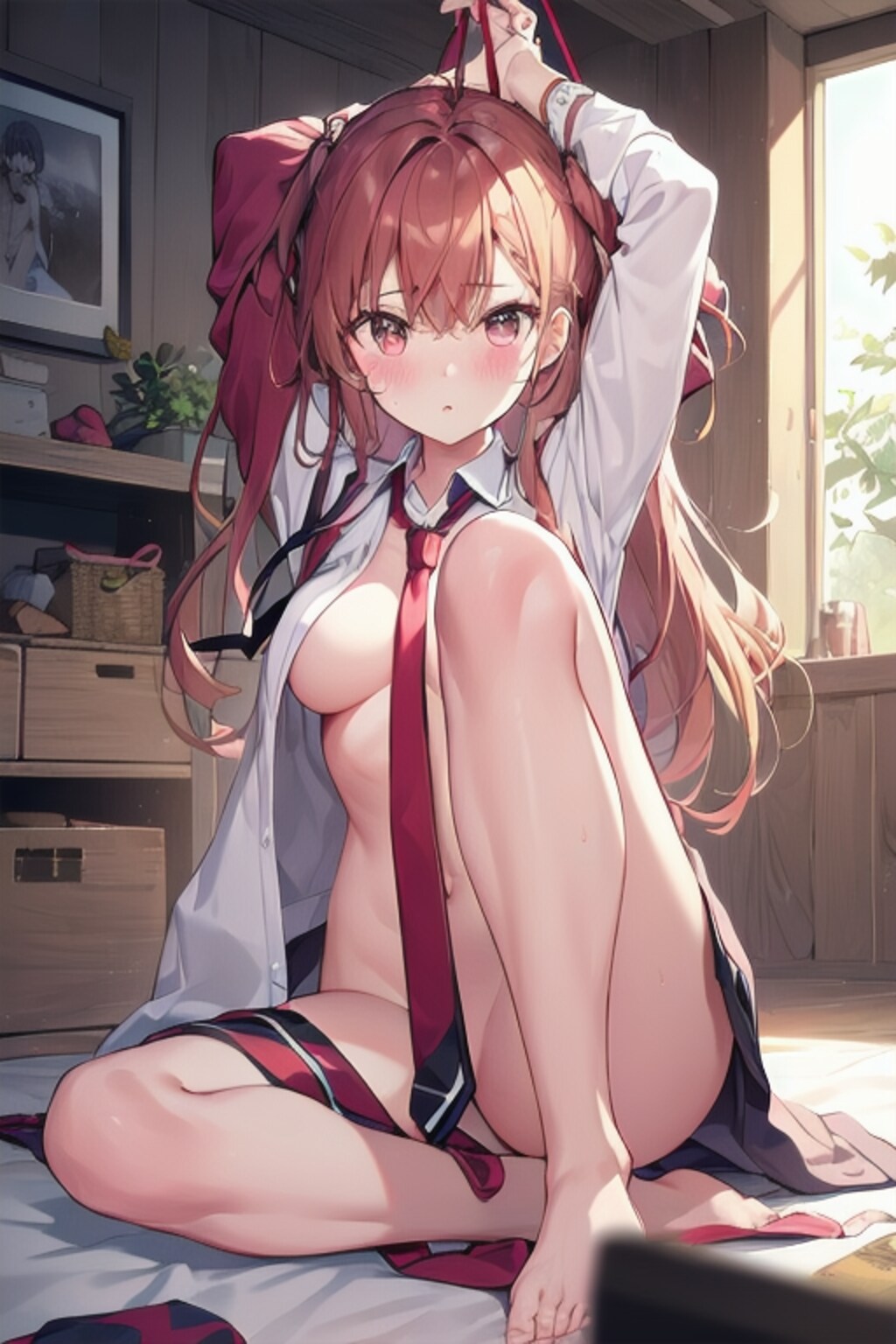 髪を結ぶ女性