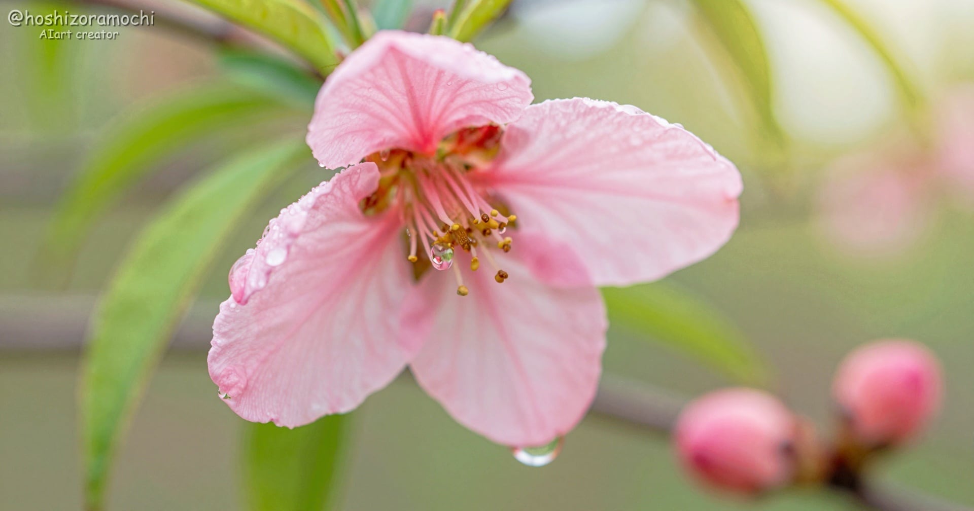 【春のひと雫】朝露に濡れる可憐な桃の花｜瑞々しい生命の息吹を描くマクロアート | の人気AIイラスト・グラビア