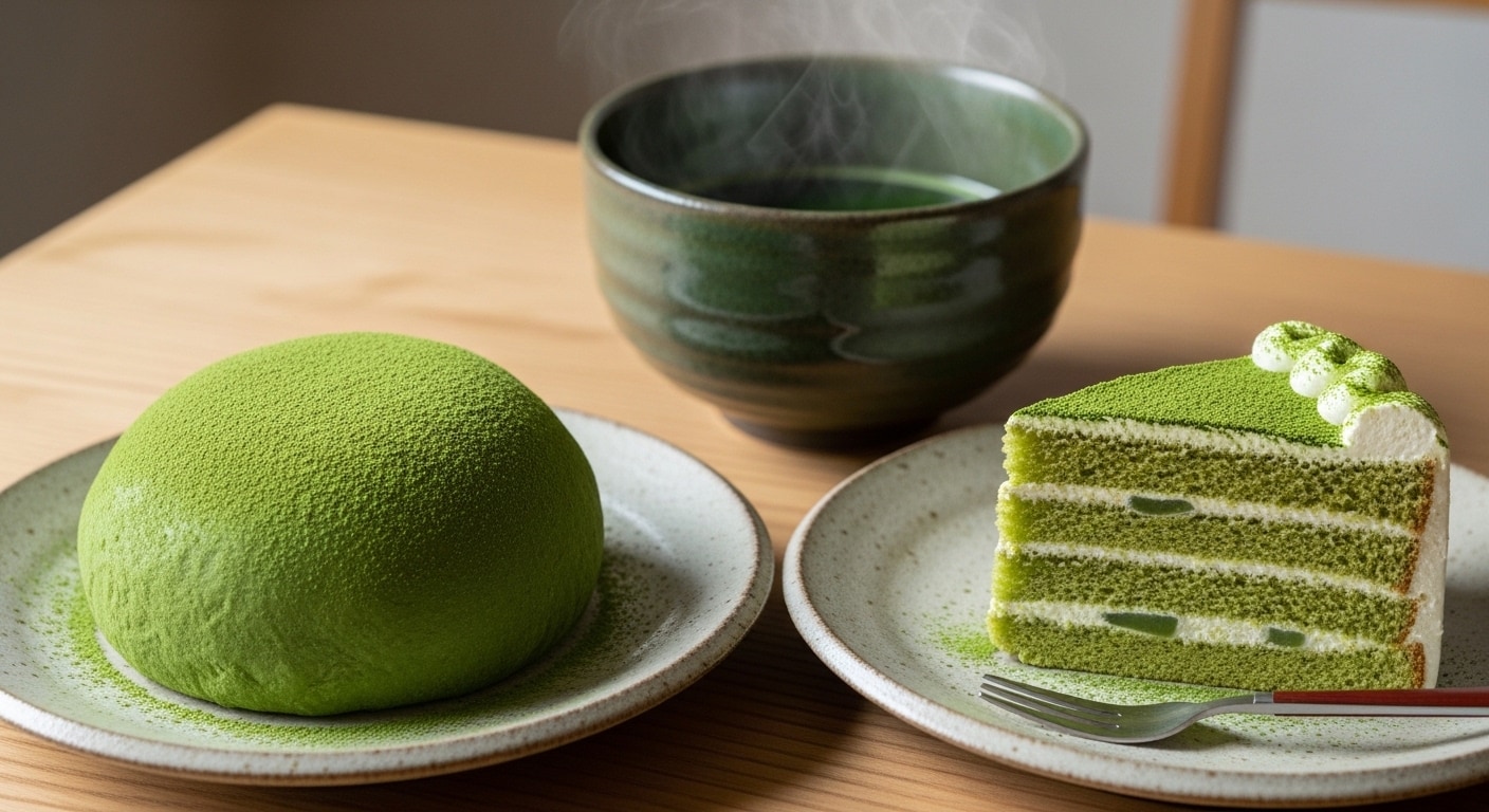デザートの抹茶大福と抹茶ケーキのセット | の人気AIイラスト・グラビア