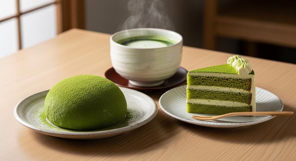 デザートの抹茶大福と抹茶ケーキのセット
