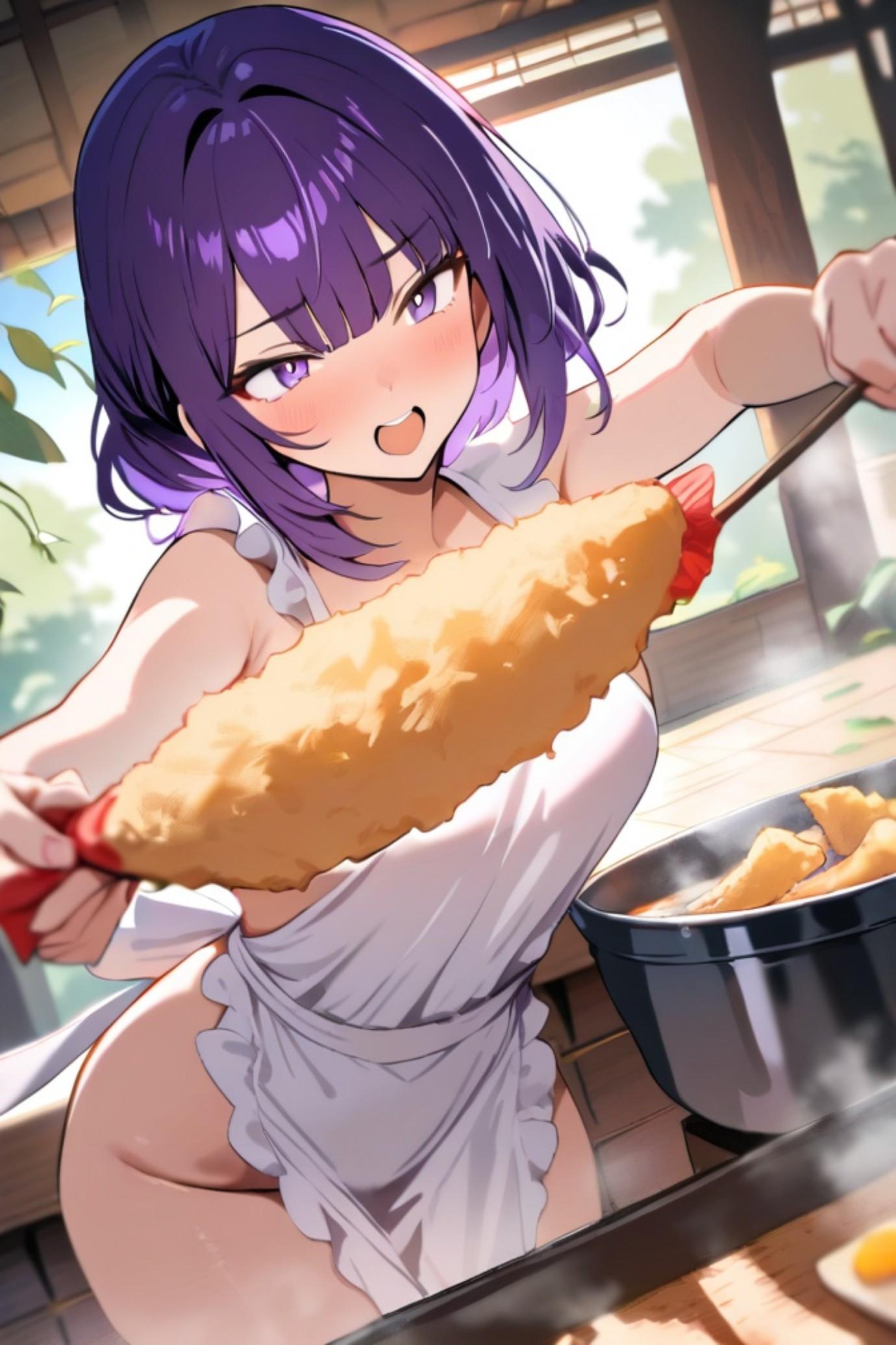 裸エプロンの紫髪ちゃん