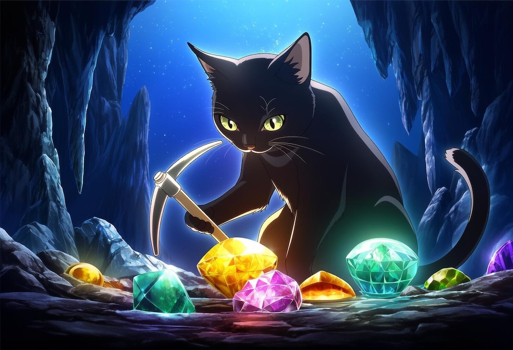 星空の鉱山で宝石鉱石を採掘する猫