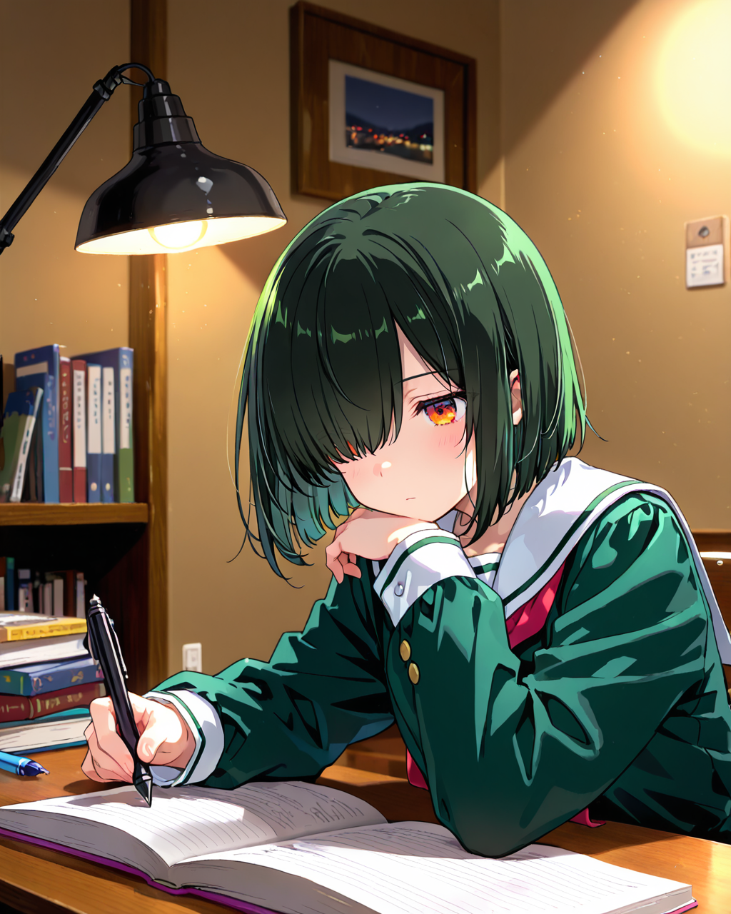 課題をする目隠れボブ子