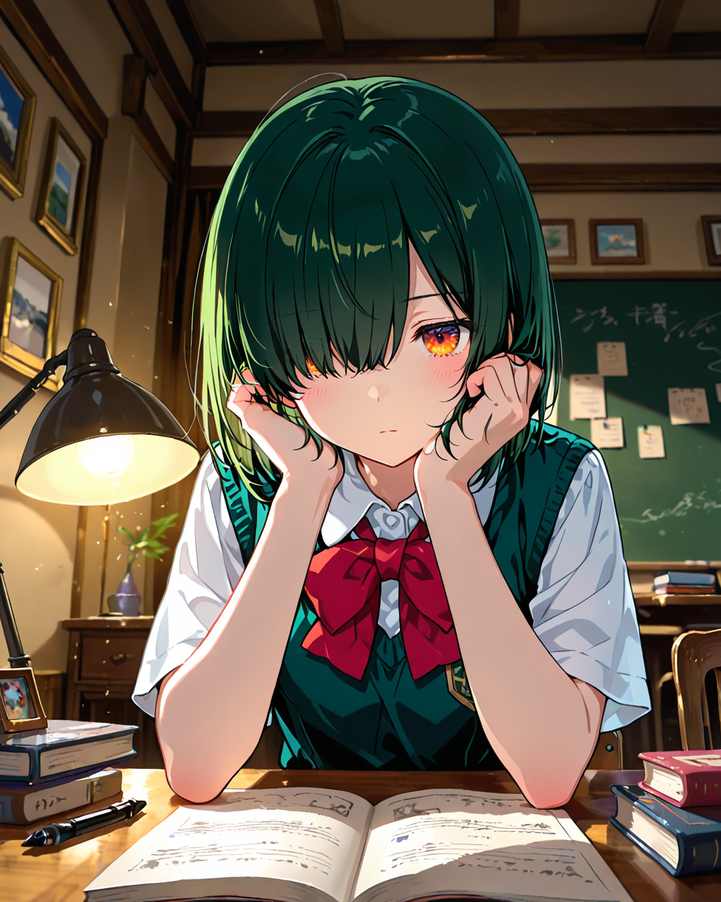 課題をする目隠れボブ子